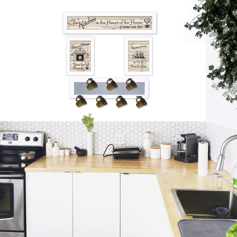 Set Of Four Kitchen Collection VI with Seven Peg Mug Rack 4 White Framed Print Kitchen Wall Art - Homeroots - Flyclothing LLC