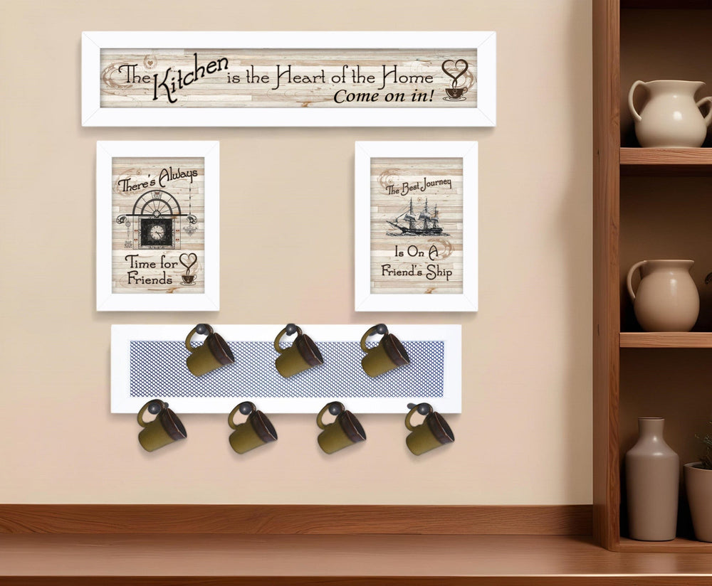 Set Of Four Kitchen Collection VI with Seven Peg Mug Rack 4 White Framed Print Kitchen Wall Art - Homeroots