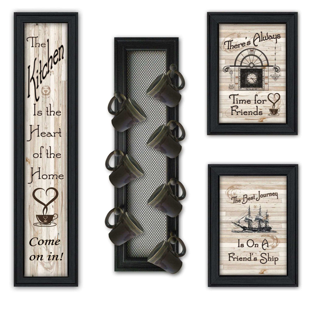 Set Of Four Kitchen Collection VII with Seven Peg Mug Rack 2 Black Framed Print Kitchen Wall Art - Homeroots - Flyclothing LLC