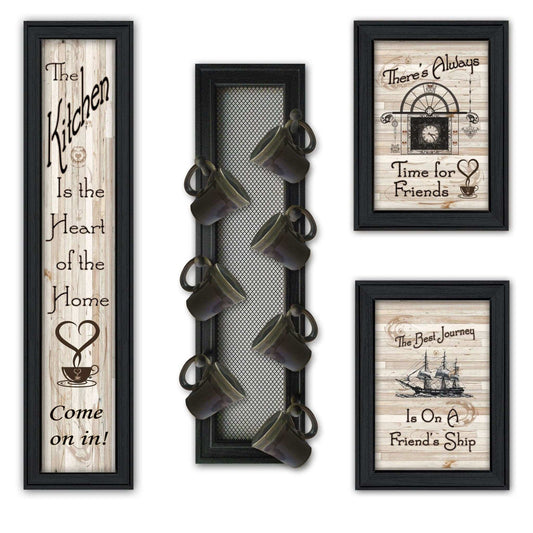 Set Of Four Kitchen Collection VII with Seven Peg Mug Rack 2 Black Framed Print Kitchen Wall Art - Homeroots - Flyclothing LLC