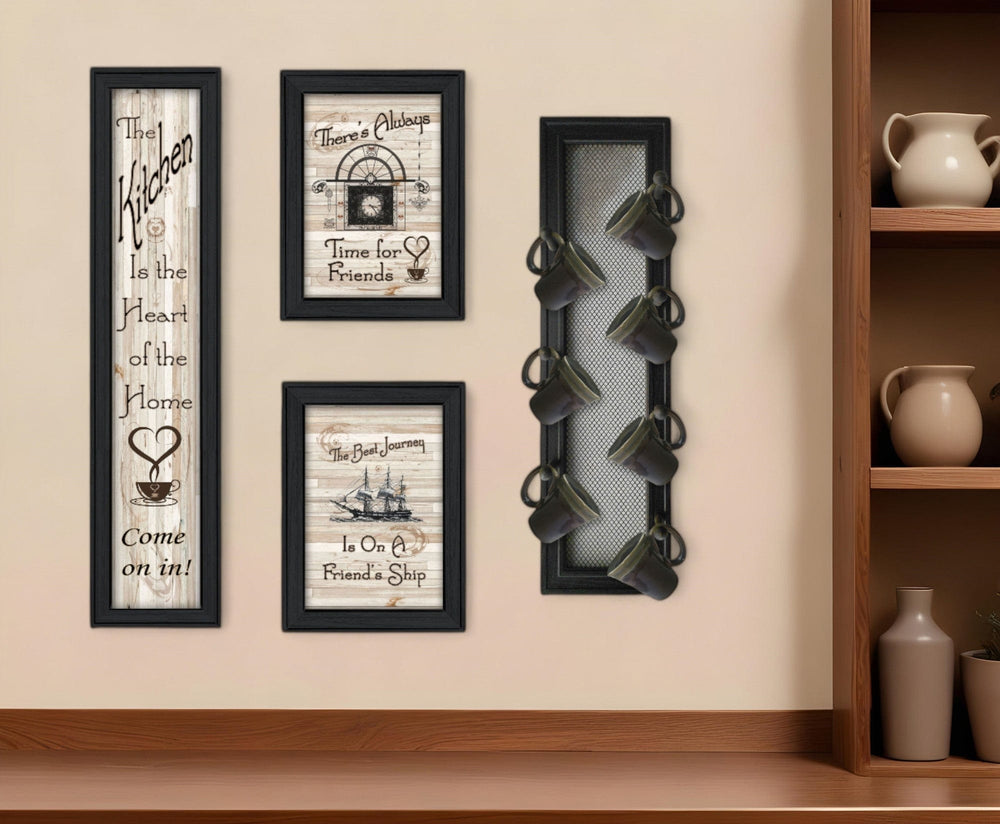 Set Of Four Kitchen Collection VII with Seven Peg Mug Rack 2 Black Framed Print Kitchen Wall Art - Homeroots
