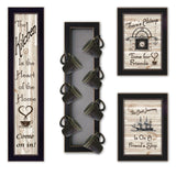 Set Of Four Kitchen Collection VII with Seven Peg Mug Rack 3 Black Framed Print Kitchen Wall Art - Homeroots