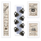 Set Of Four Kitchen Collection with Seven Peg Mug Rack White Framed Print Kitchen Wall Art - Homeroots