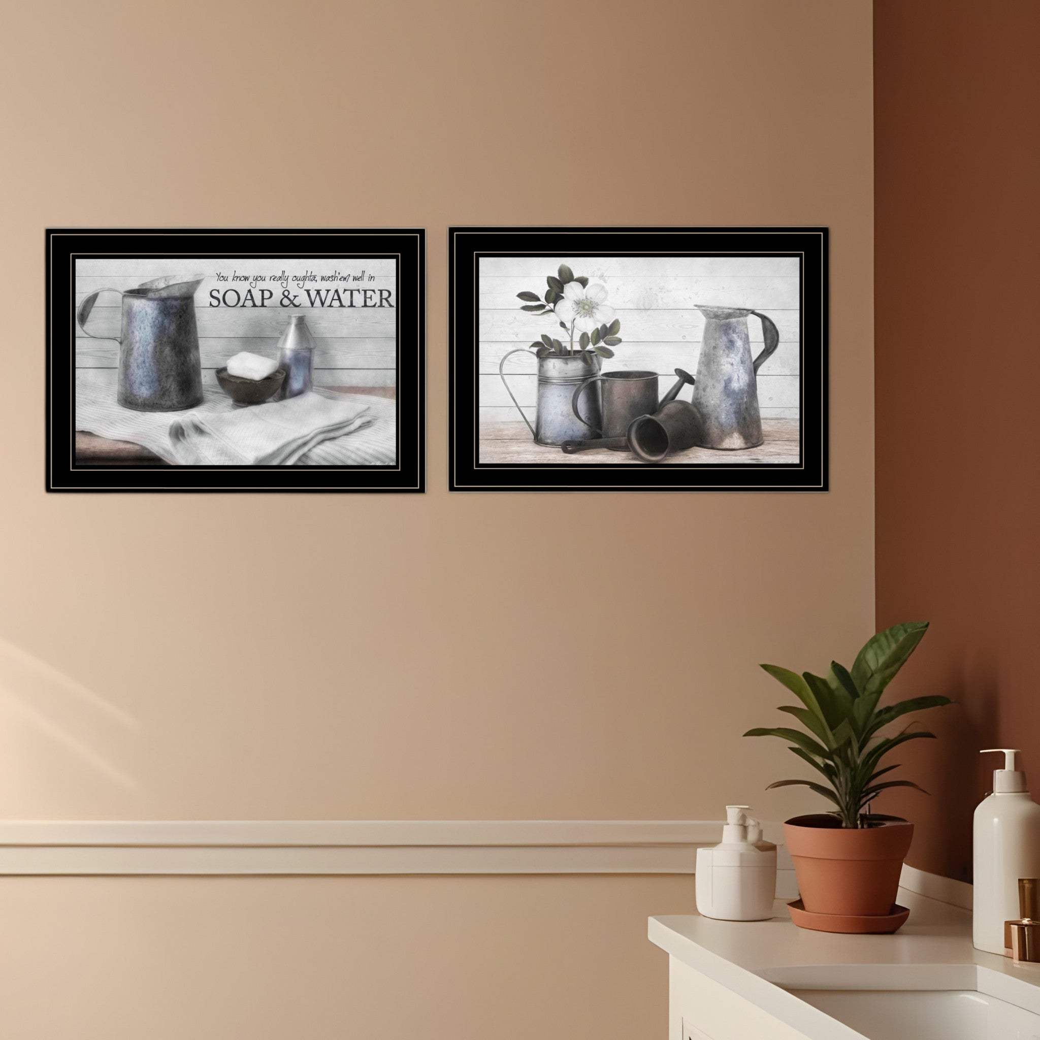 Set Of Two Soap or Floral 2 Black Framed Print Bathroom Wall Art - Homeroots - Flyclothing LLC