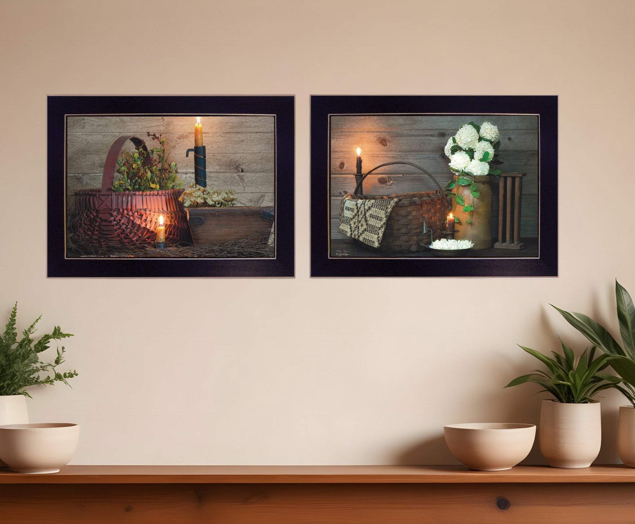Set Of Two White or Red baskets 3 Black Framed Print Wall Art - Homeroots - Flyclothing LLC
