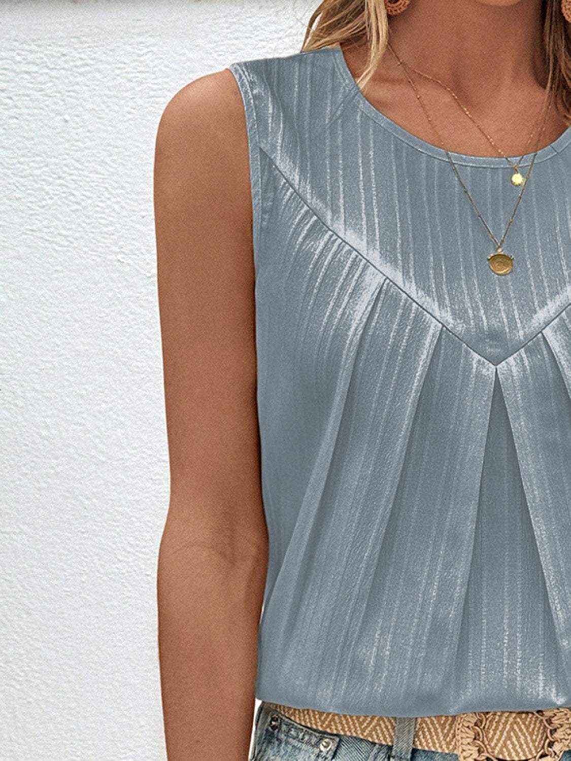 Ruched Round Neck Tank - Trendsi - Flyclothing LLC