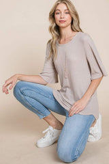BOMBOM Round Neck Waffle Knit T-Shirt - Trendsi - Flyclothing LLC