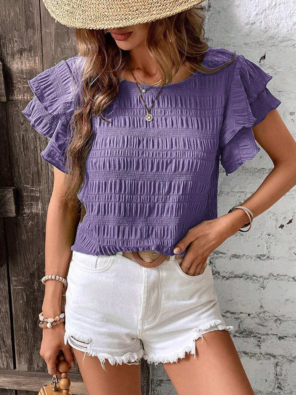 Round Neck Flounce Sleeve Blouse - Trendsi - Flyclothing LLC