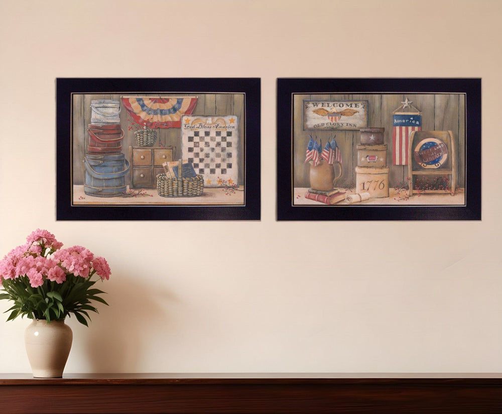 Set Of Two God Bless or Sweet Land 3 Black Framed Print Wall Art - Homeroots