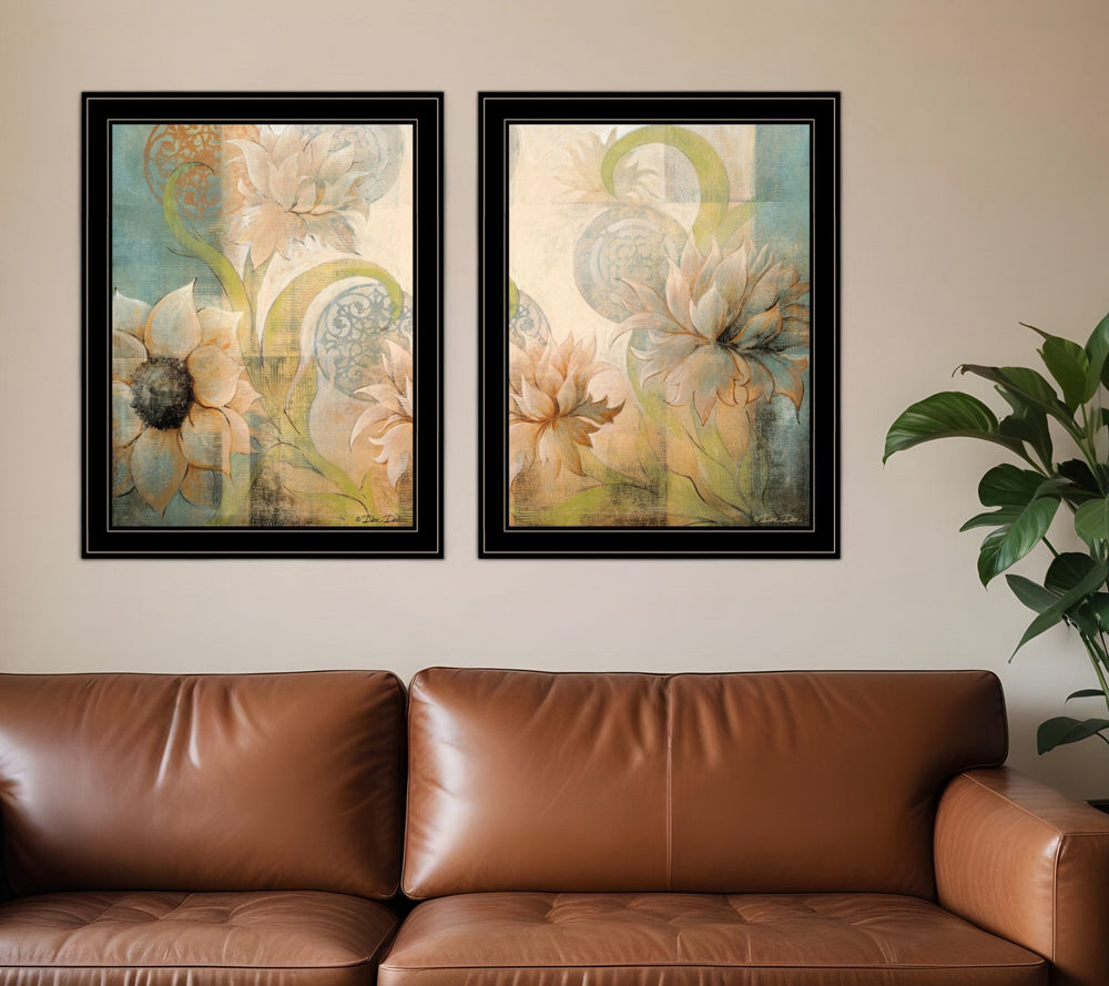 Set Of Two Meandering Flowers I and II 2 Black Framed Print Wall Art - Homeroots