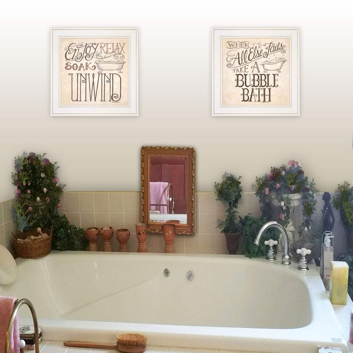 Set Of Two Soak and Unwind 2 White Framed Print Bathroom Wall Art - Homeroots - Flyclothing LLC