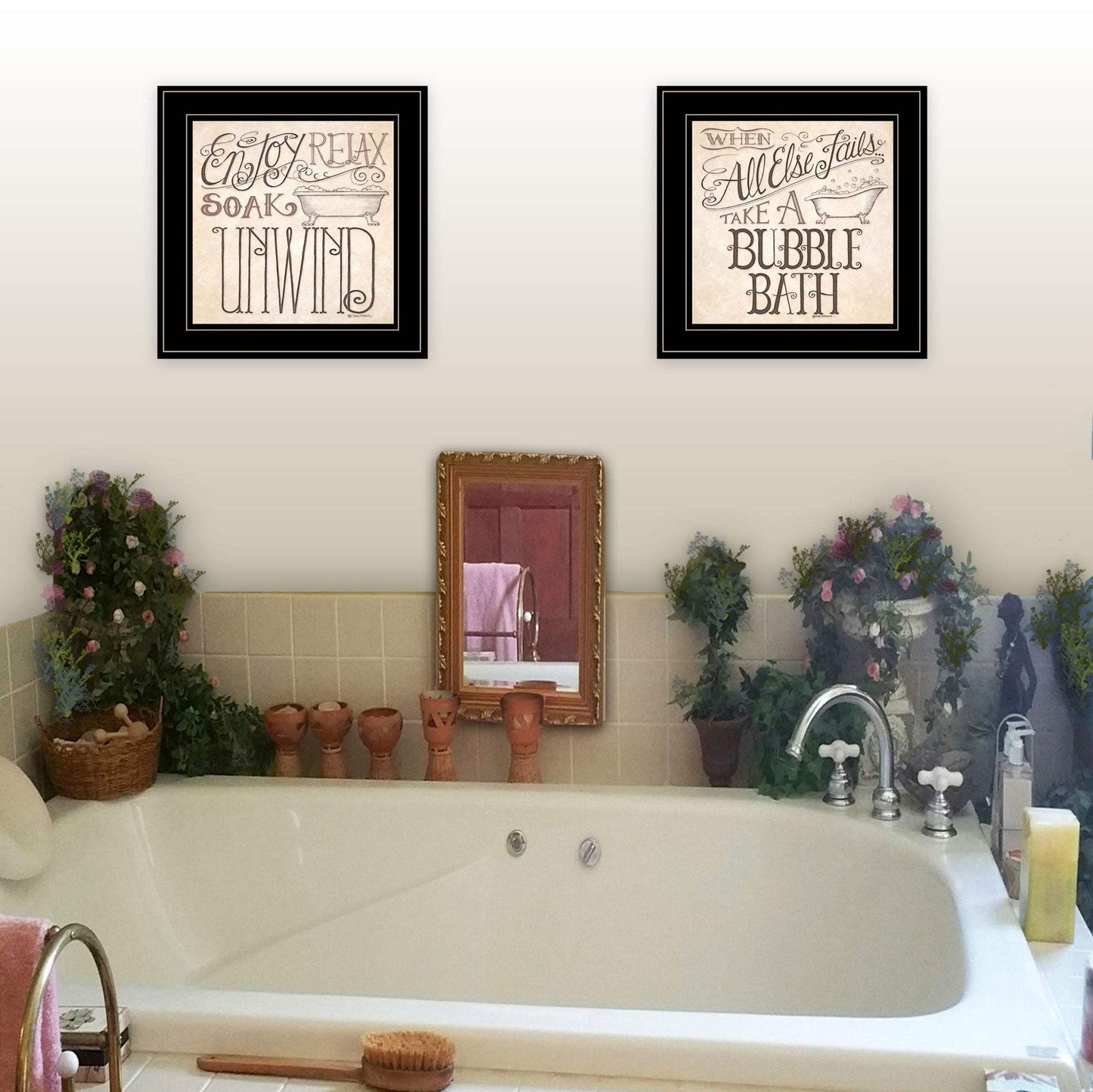 Set Of Two Soak and Unwind 3 Black Framed Print Bathroom Wall Art - Homeroots - Flyclothing LLC