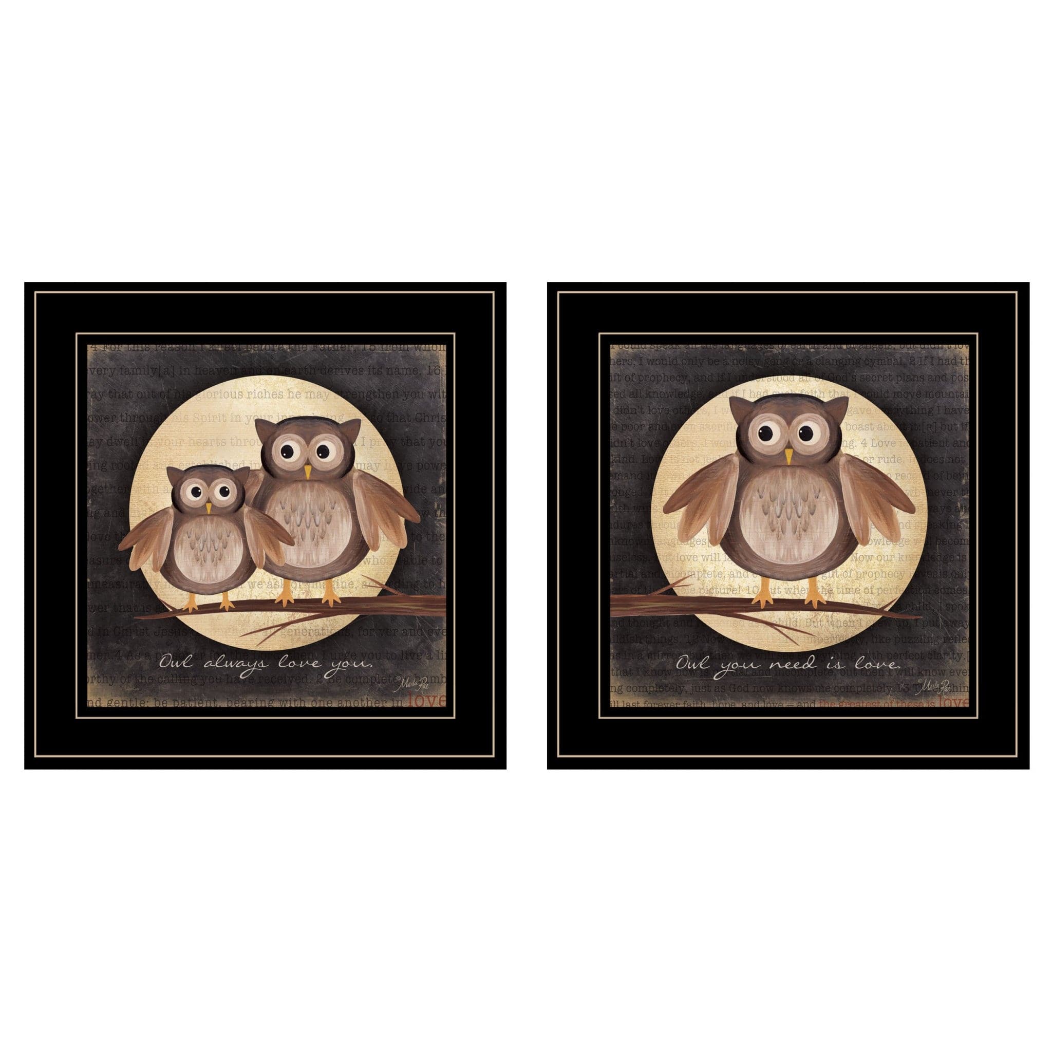 Set Of Two Owl Always Love and Need You 2 Black Framed Print Wall Art - Homeroots