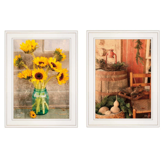 Set Of Two Vintage Country and Sunflowers 1 White Framed Print Wall Art - Homeroots - Flyclothing LLC