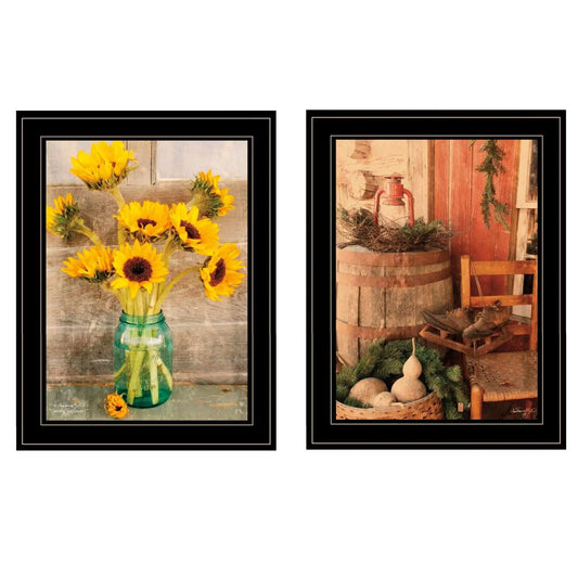 Set Of Two Vintage Country and Sunflowers 2 Black Framed Print Wall Art - Homeroots - Flyclothing LLC