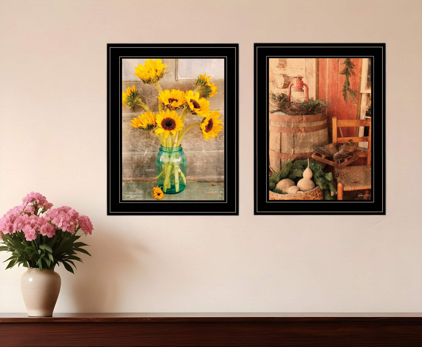 Set Of Two Vintage Country and Sunflowers 2 Black Framed Print Wall Art - Homeroots - Flyclothing LLC