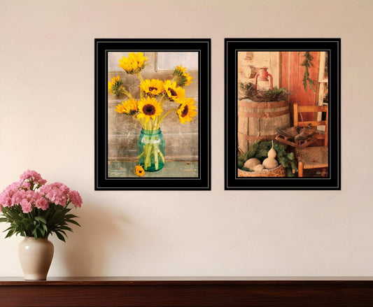 Set Of Two Vintage Country and Sunflowers 2 Black Framed Print Wall Art - Homeroots - Flyclothing LLC