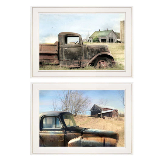 Set Of Two Vintage Farm Trucks 1 White Framed Print Wall Art - Homeroots - Flyclothing LLC