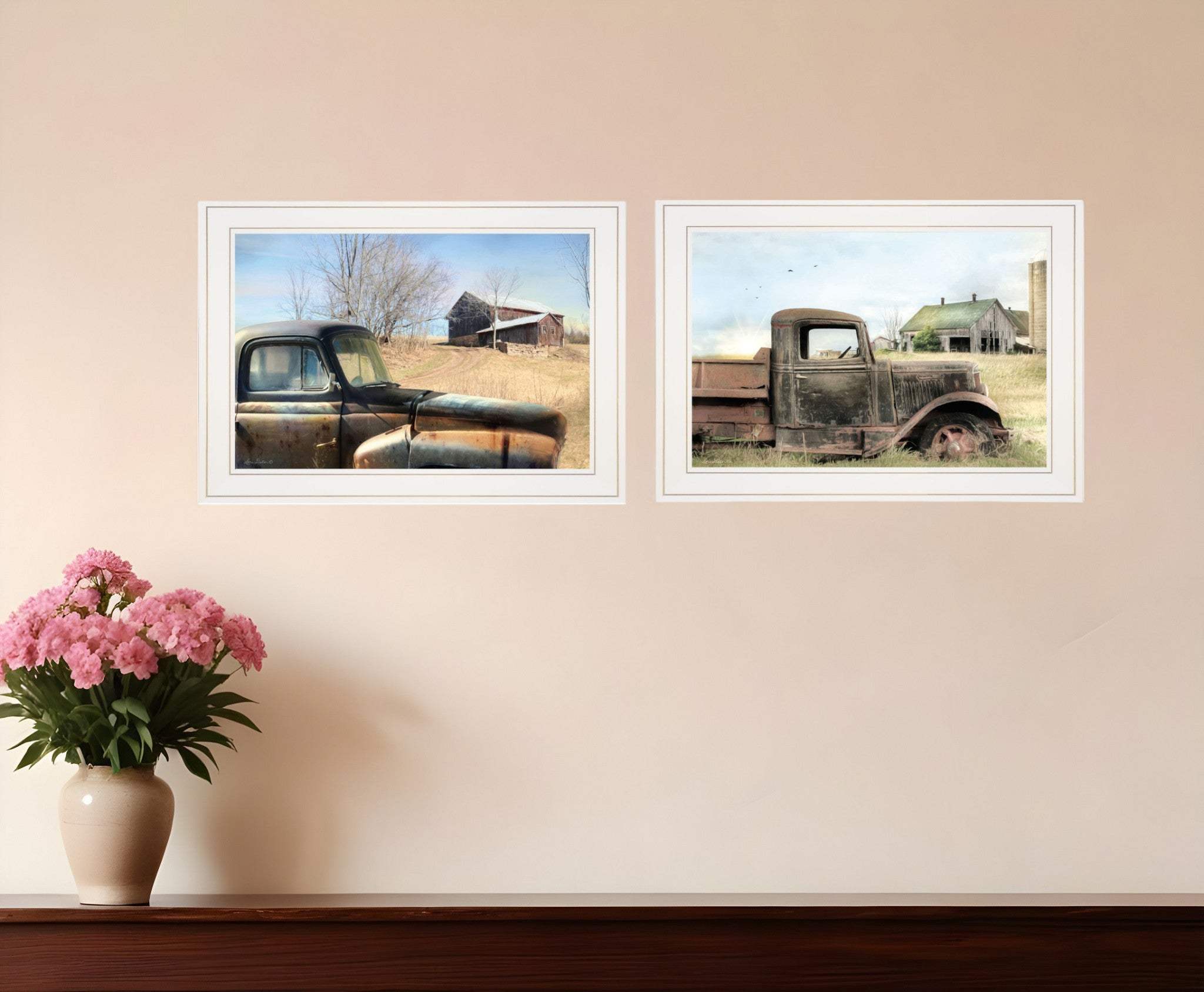 Set Of Two Vintage Farm Trucks 1 White Framed Print Wall Art - Homeroots - Flyclothing LLC