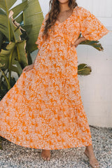 Floral Print Smocked V Neck Wide Sleeve Maxi Dress - Trendsi - Flyclothing LLC