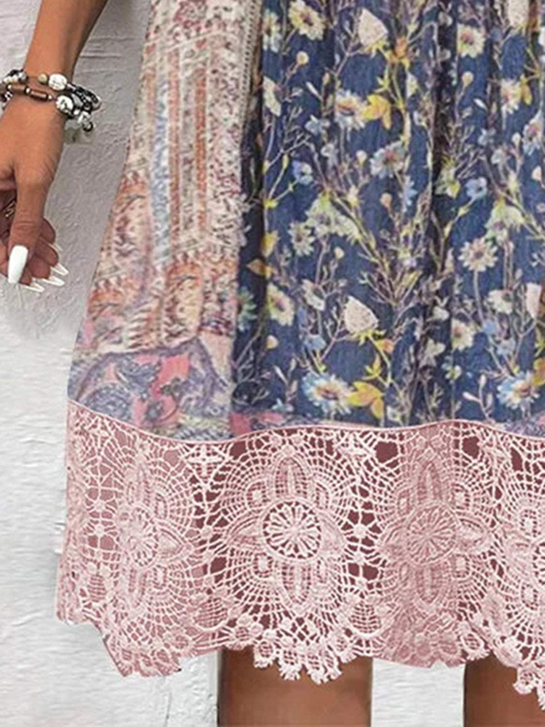 Full Size Lace Detail Printed Three-Quarter Sleeve Dress - Trendsi - Flyclothing LLC
