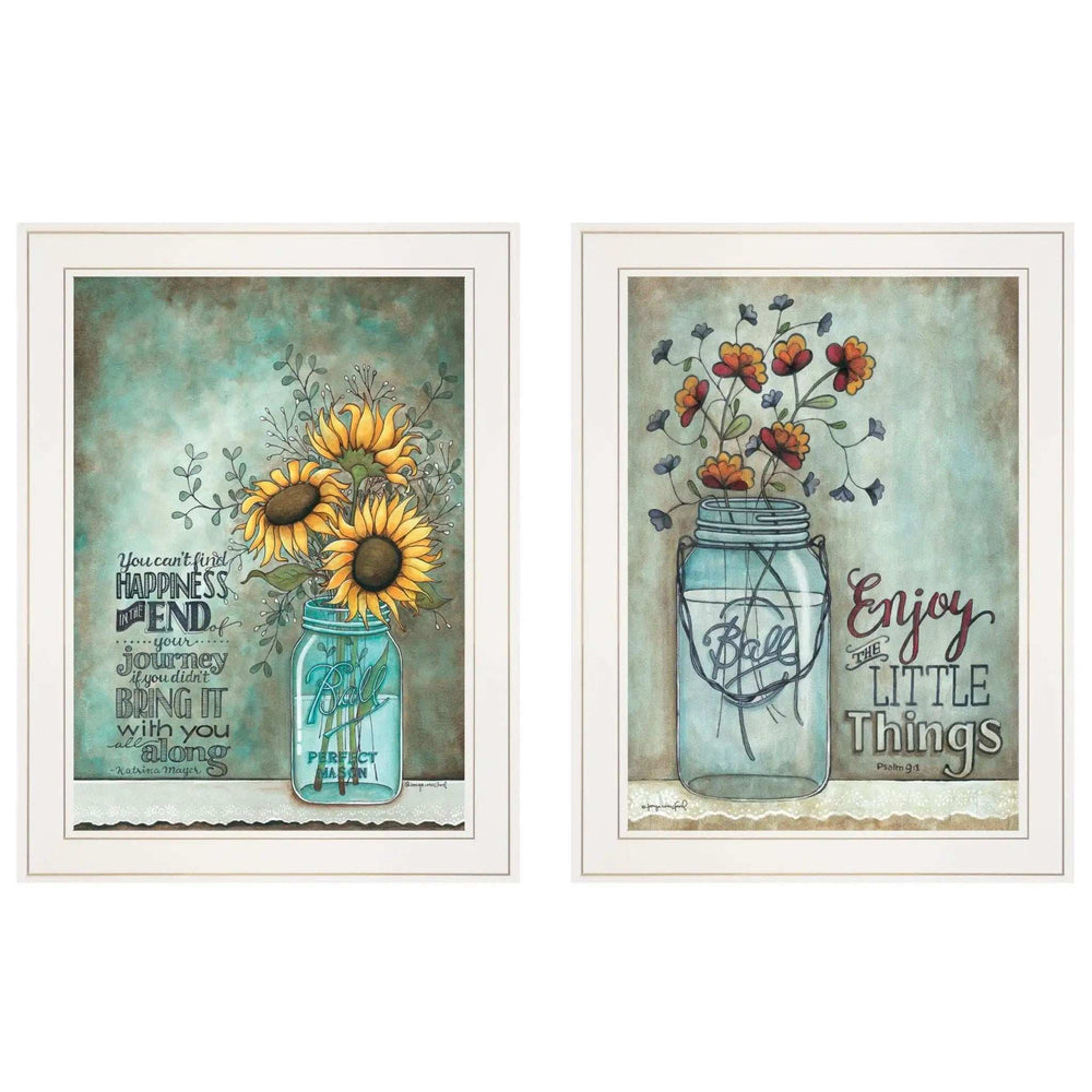 Set Of Two Enjoy the Little Things or Happiness 1 White Framed Print Wall Art - Homeroots - Flyclothing LLC