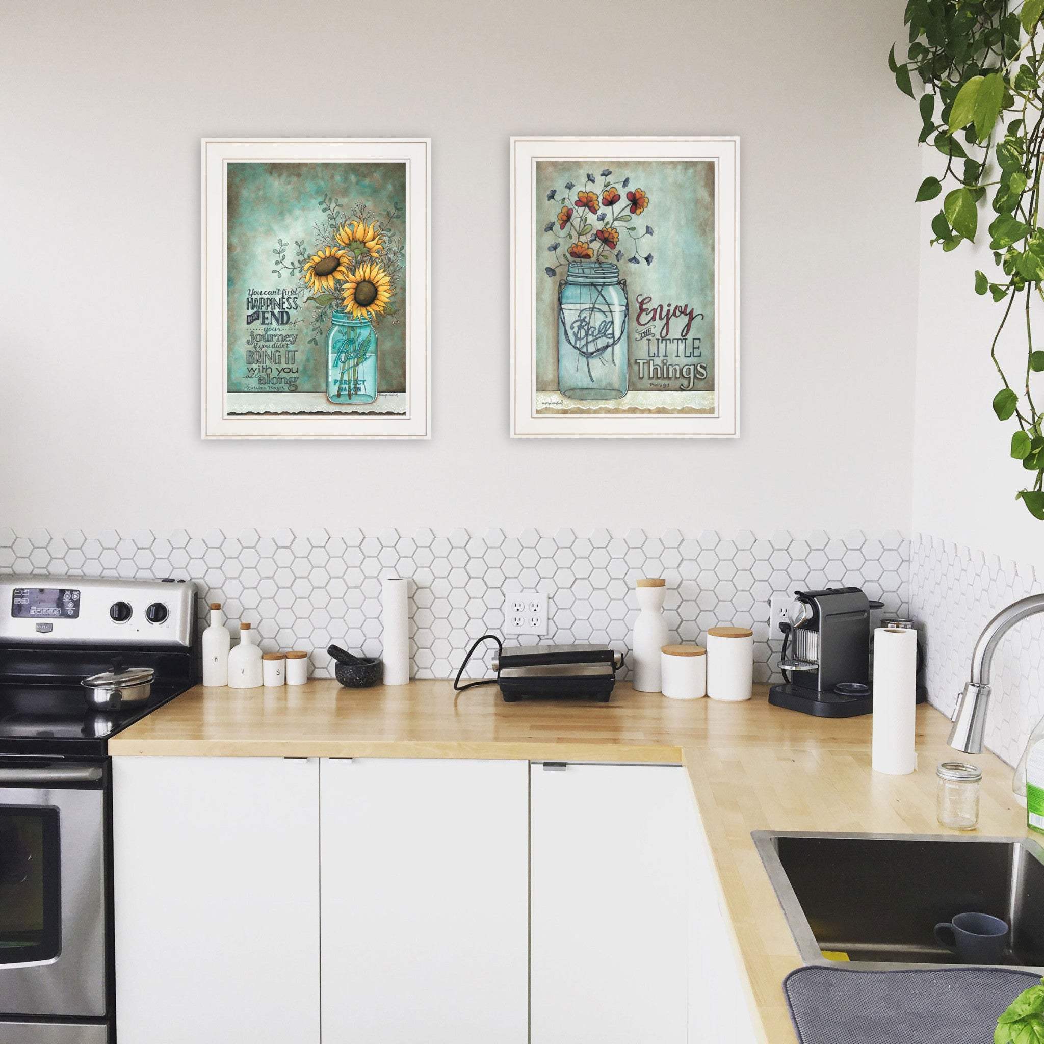 Set Of Two Enjoy the Little Things or Happiness 1 White Framed Print Wall Art - Homeroots - Flyclothing LLC