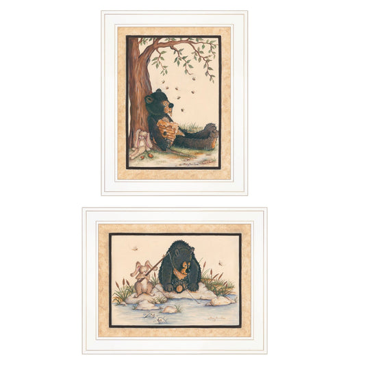 Set Of Two Gone Fishing 1 White Framed Print Wall Art