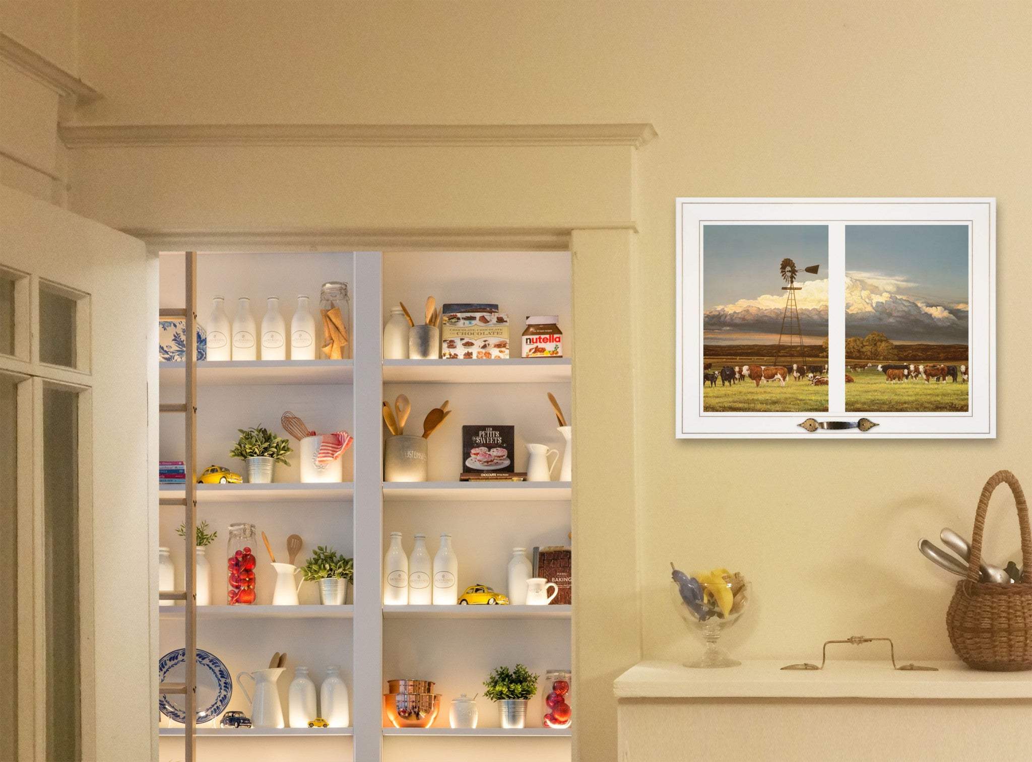 Summer Pastures Holstein cows with windmill 1 White Framed Print Wall Art - Homeroots - Flyclothing LLC