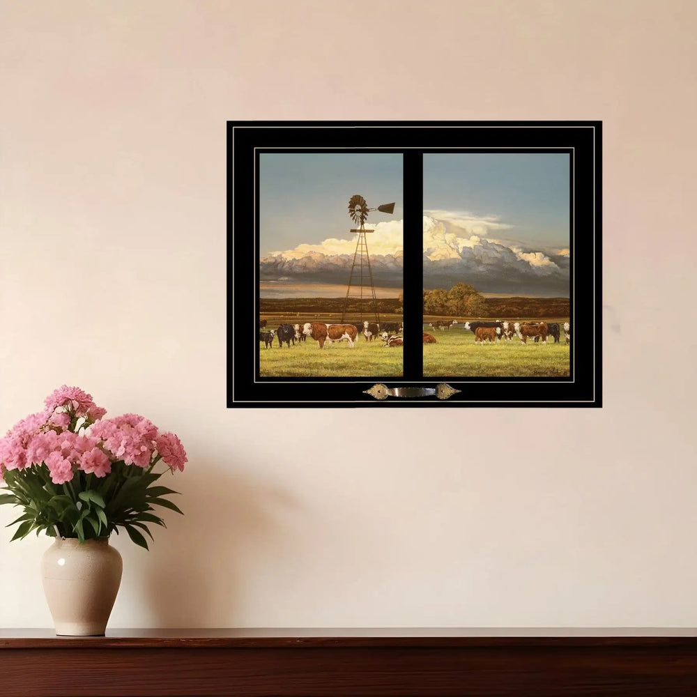 Summer Pastures Holstein cows with windmill 2 Black Framed Print Wall Art - Homeroots