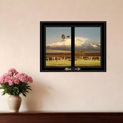 Summer Pastures Holstein cows with windmill 2 Black Framed Print Wall Art