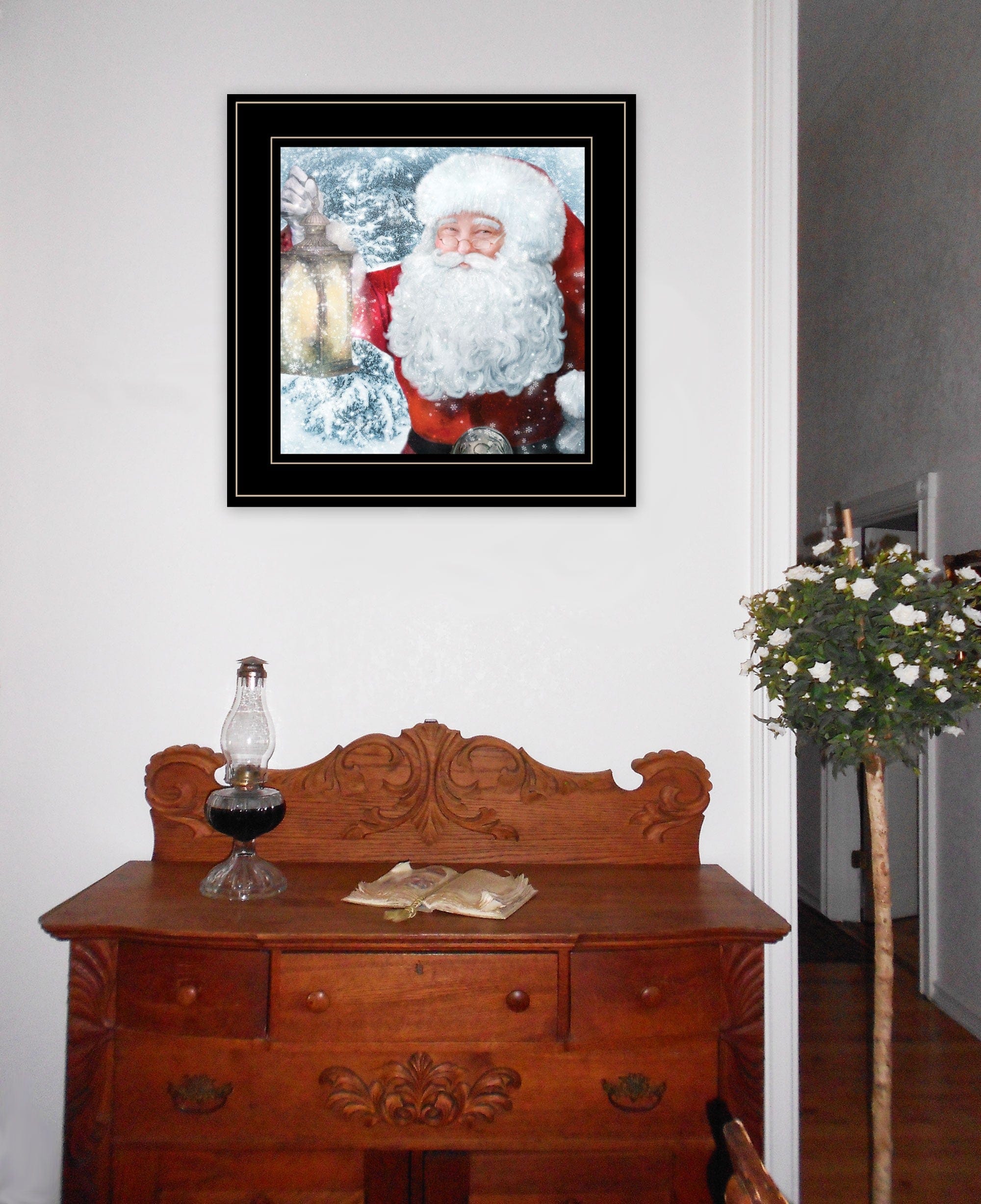 Santa with Lantern 2 Black Framed Print Wall Art - Homeroots