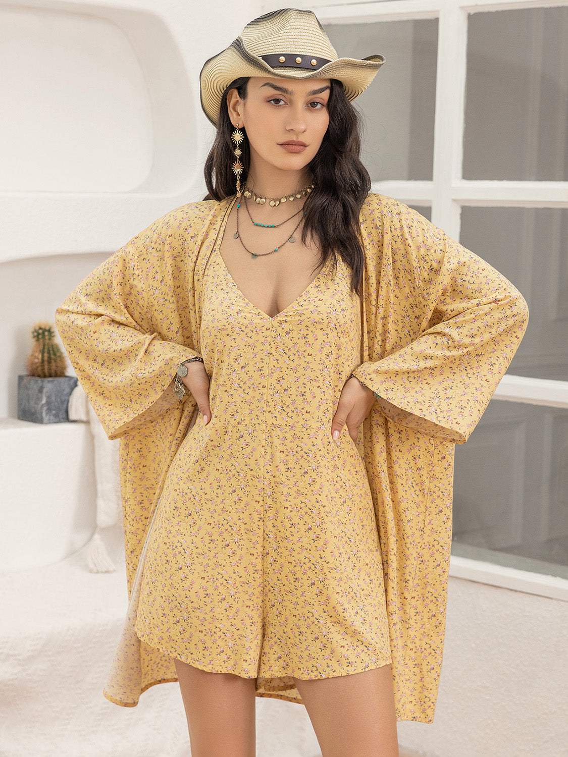 Printed Halter Neck Romper and Cover Up Set - Trendsi - Flyclothing LLC