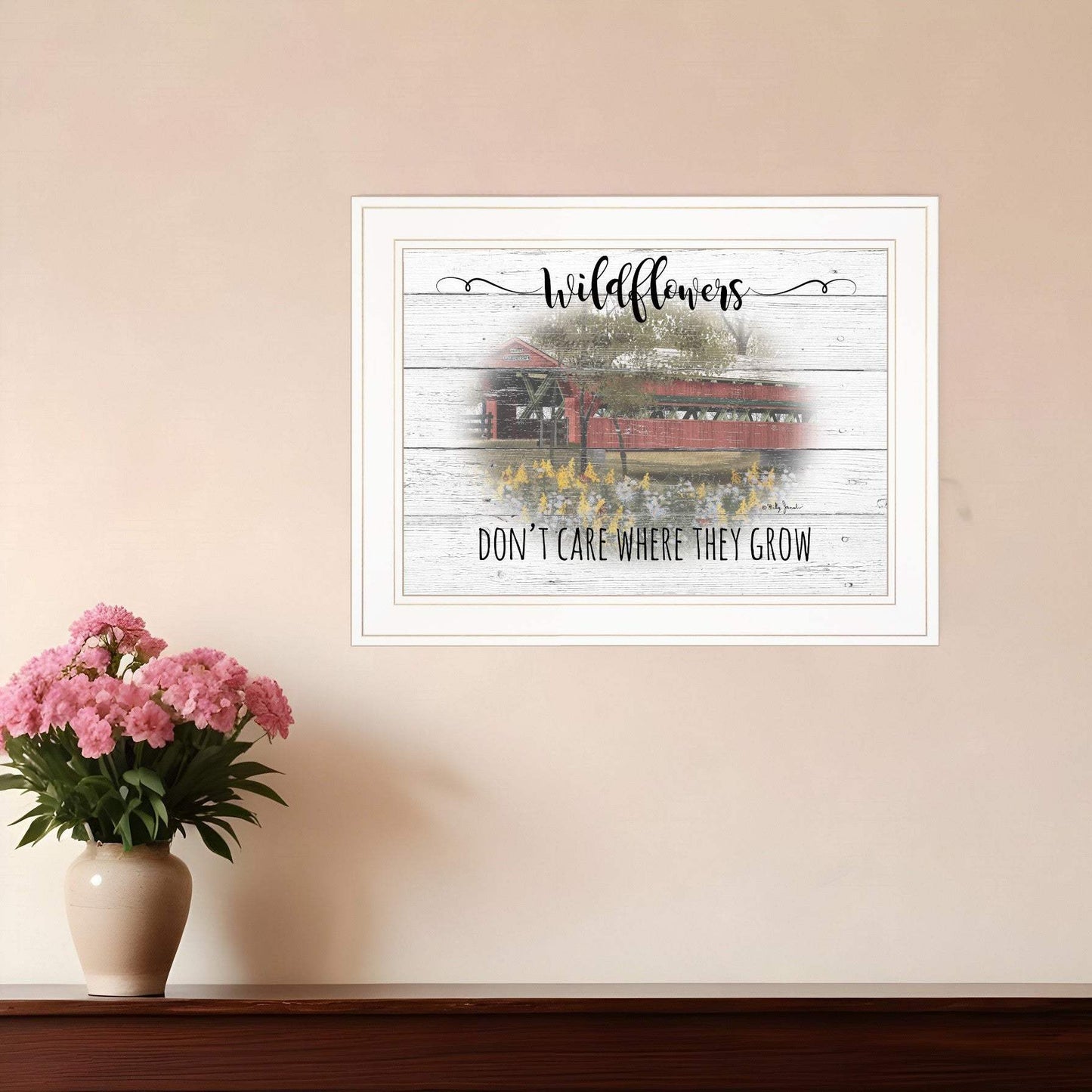 Wildflowers Covered Bridge White Framed Print Wall Art - Homeroots - Flyclothing LLC