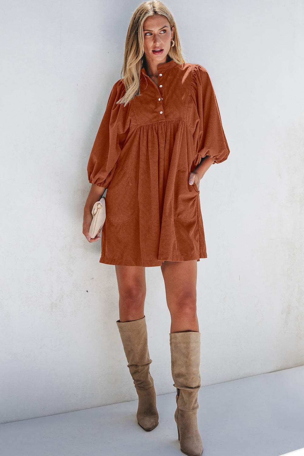 Corduroy Quarter Snap Three-Quarter Sleeve Dress - Trendsi - Flyclothing LLC