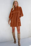 Corduroy Quarter Snap Three-Quarter Sleeve Dress - Trendsi