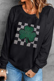 Rhinestone Checkered Lucky Clover Round Neck Sweatshirt - Trendsi - Flyclothing LLC