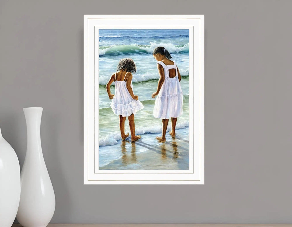 Two Girls at the Beach 2 White Framed Print Wall Art - Homeroots