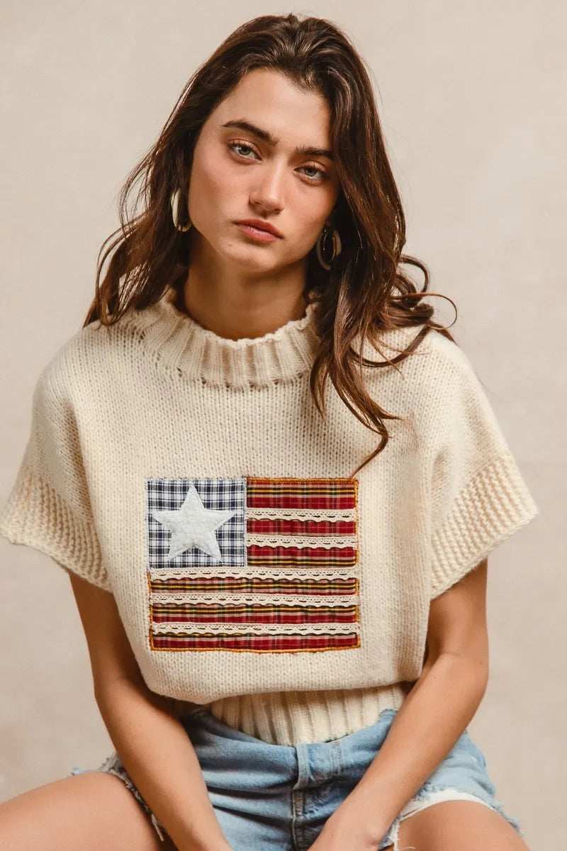 BiBi American Flag Patchwork Drop Shoulder Sweater - Trendsi - Flyclothing LLC