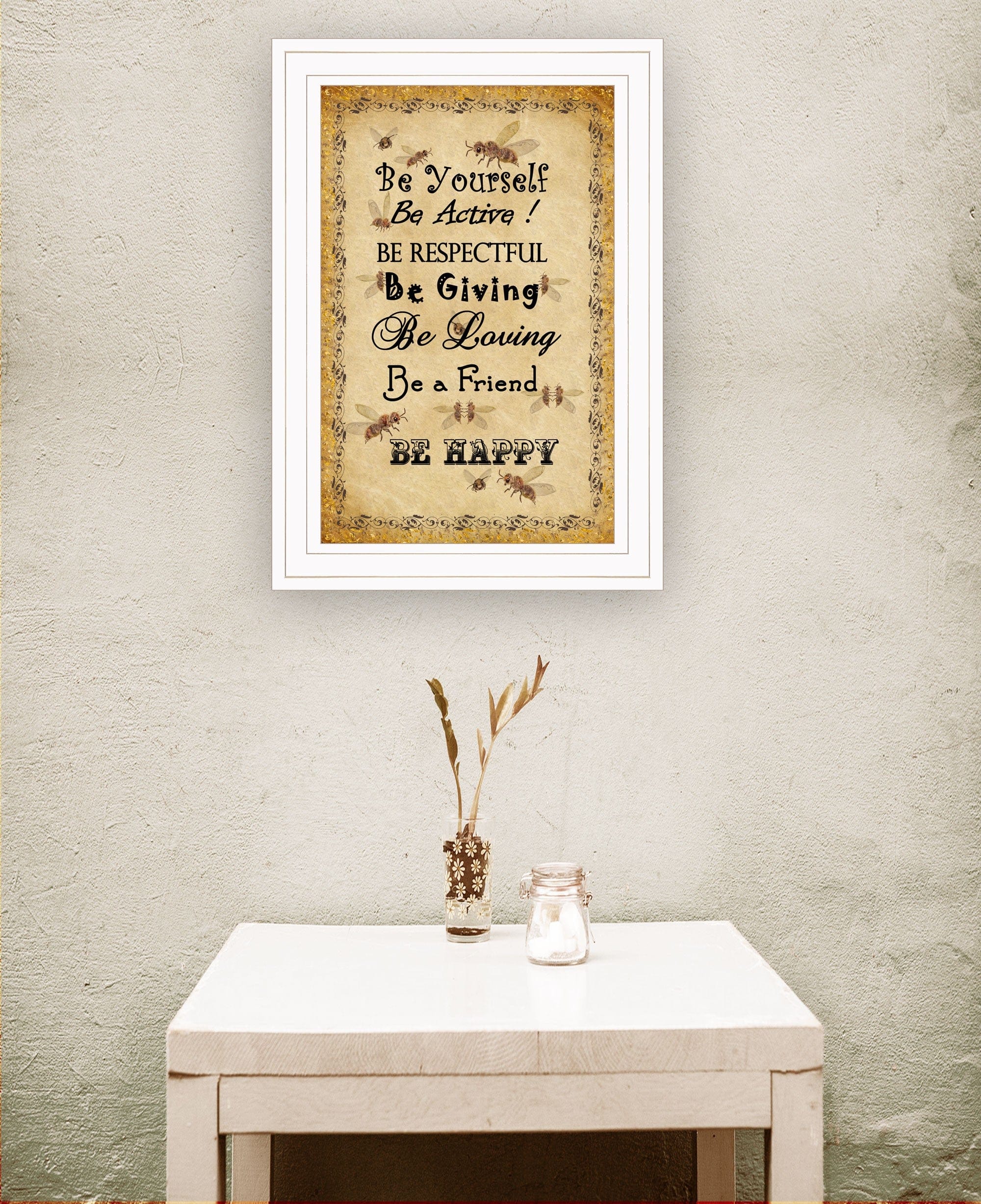 BEE HAPPY White Framed Print Wall Art - Homeroots