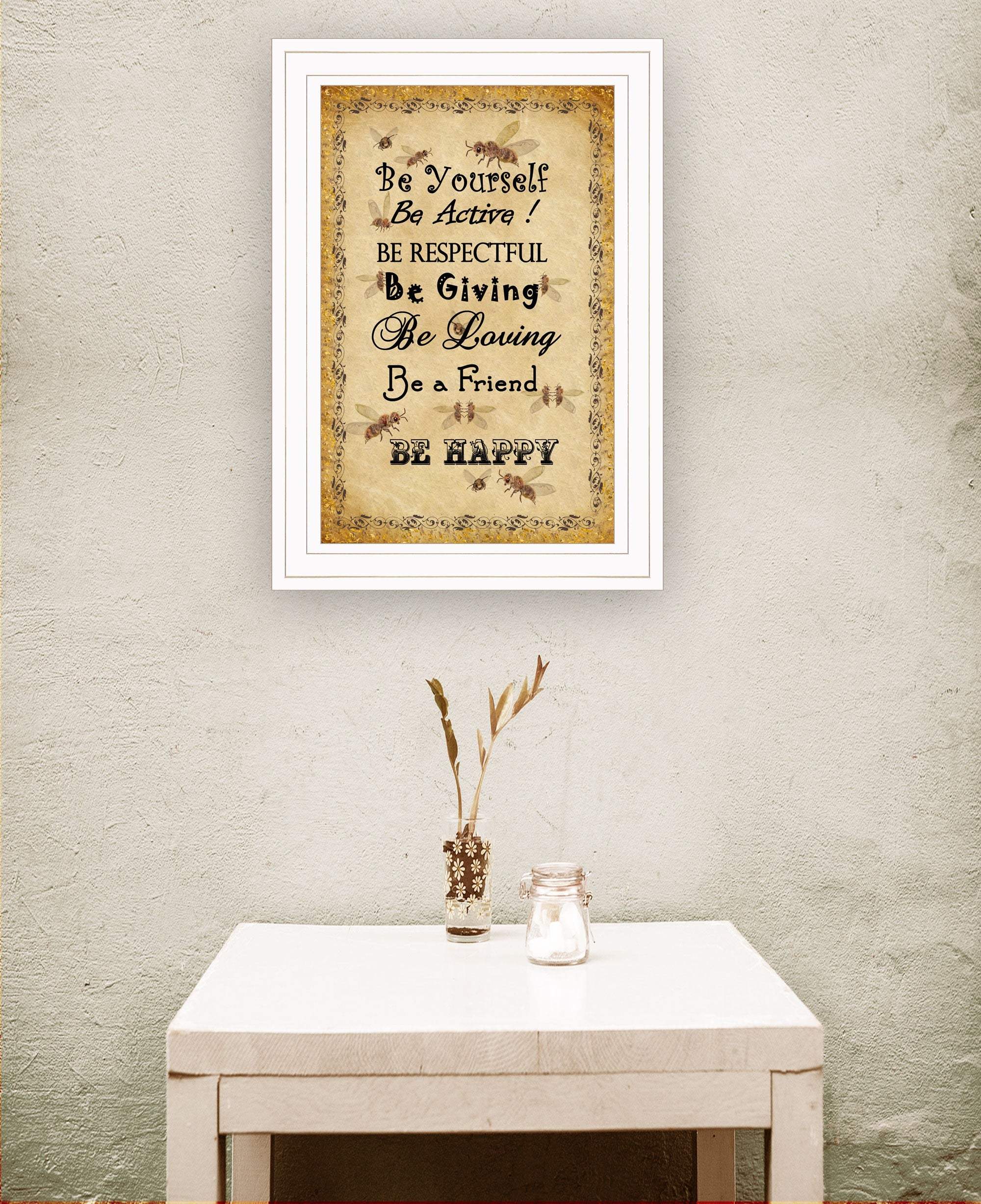 BEE HAPPY White Framed Print Wall Art - Homeroots - Flyclothing LLC
