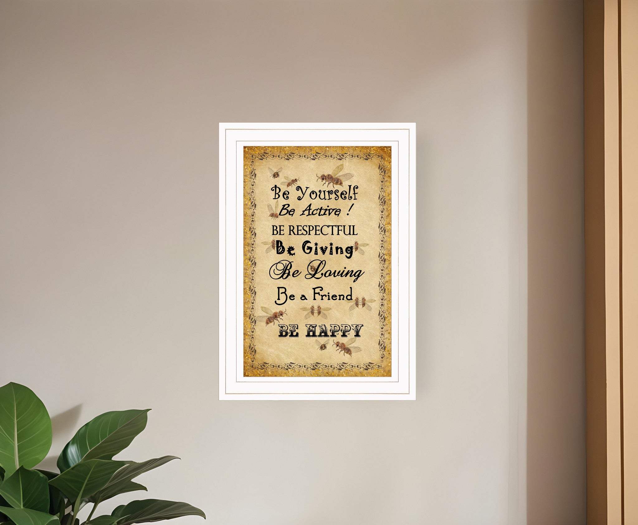 BEE HAPPY White Framed Print Wall Art - Homeroots - Flyclothing LLC
