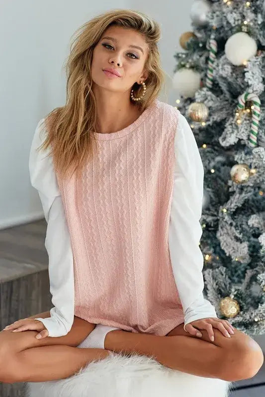 BiBi Cable Sweater Knit Top with Contrast Puff Sleeve - Trendsi - Flyclothing LLC