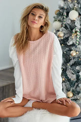 BiBi Cable Sweater Knit Top with Contrast Puff Sleeve - Trendsi - Flyclothing LLC