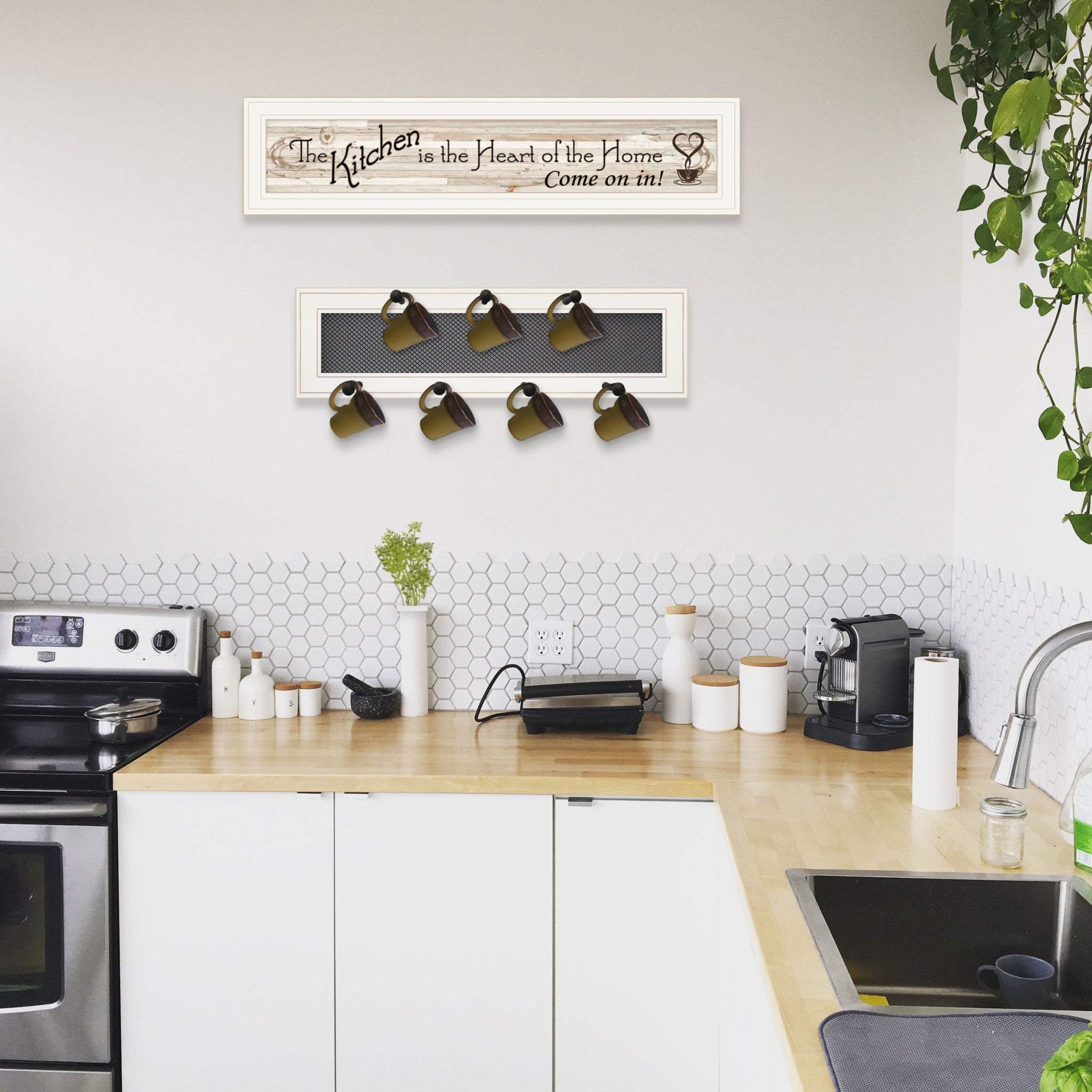 Set Of Two Kitchen Print and Mug Rack White Framed Kitchen Wall Art - Homeroots - Flyclothing LLC