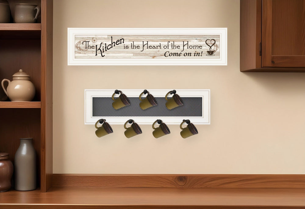 Set Of Two Kitchen Print and Mug Rack White Framed Kitchen Wall Art - Homeroots