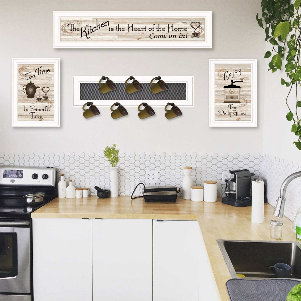Set Of Four Kitchen Collection Seven Peg Mug Rack White Framed Print Kitchen Wall Art - Homeroots - Flyclothing LLC