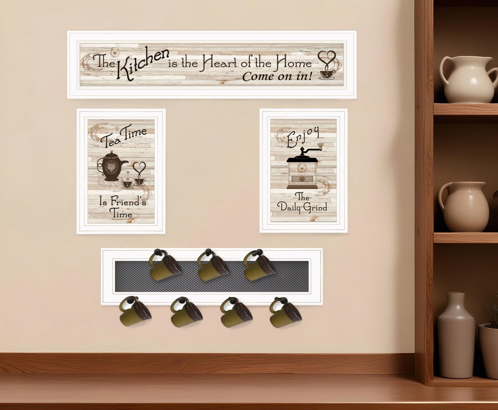 Set Of Four Kitchen Collection Seven Peg Mug Rack White Framed Print Kitchen Wall Art - Homeroots