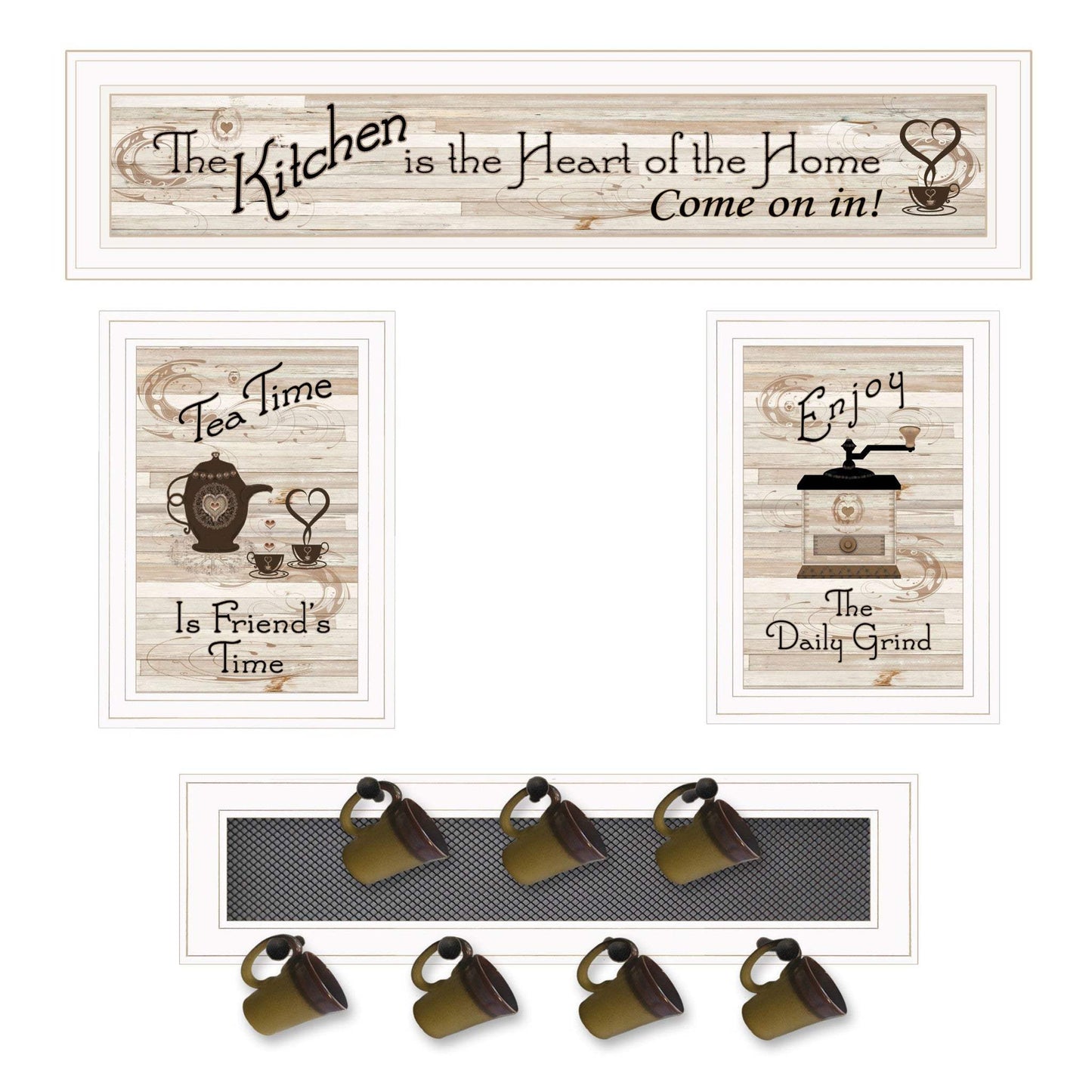 Set Of Four Kitchen Collection Seven Peg Mug Rack White Framed Print Kitchen Wall Art - Homeroots - Flyclothing LLC