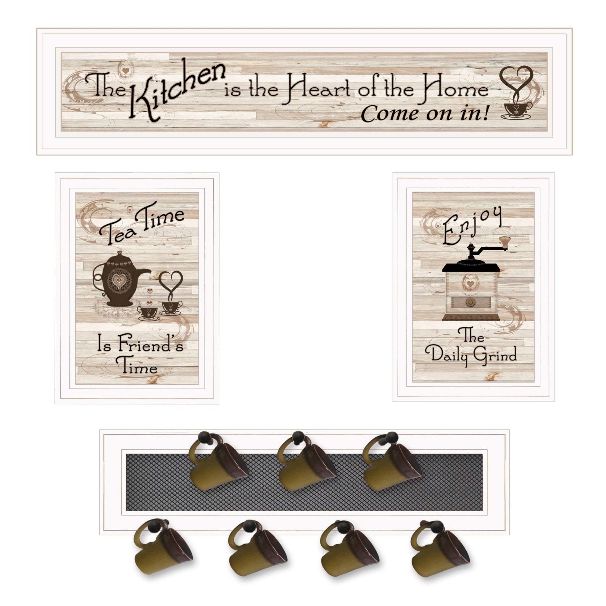 Set Of Four Kitchen Collection Seven Peg Mug Rack White Framed Print Kitchen Wall Art - Homeroots - Flyclothing LLC